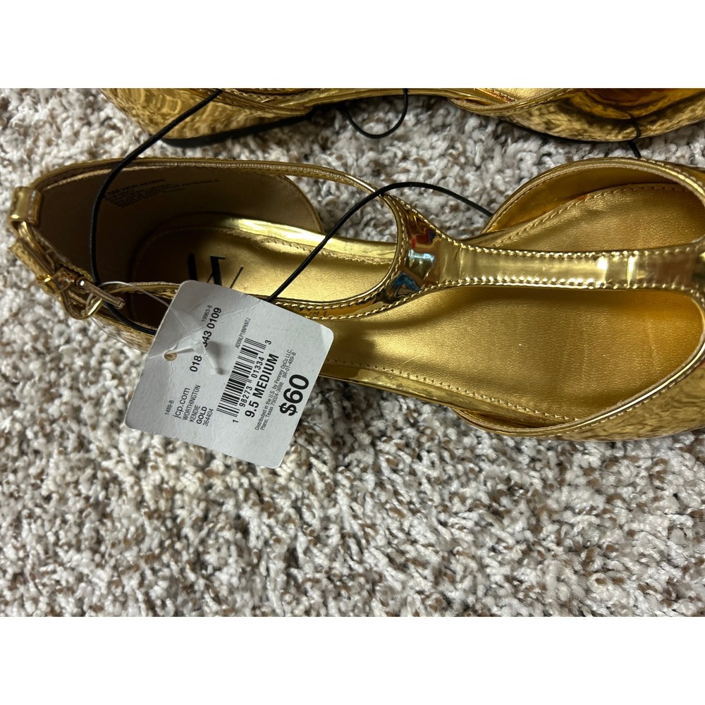 Worthington Kendie Gold Metallic T-Strap Pointed Toe Flats Shoes 9.5M NEW